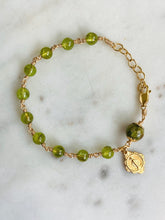 Load image into Gallery viewer, Gold &amp; Peridot Rosary Bracelet Miraculous Medal Charm, August Birthstone
