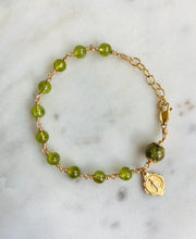 Load image into Gallery viewer, Gold &amp; Peridot Rosary Bracelet Miraculous Medal Charm, August Birthstone
