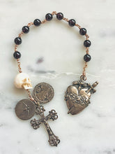 Load image into Gallery viewer, Memento Mori Garnet Rosary: Ox Bone Skull, Bronze Immaculate Heart
