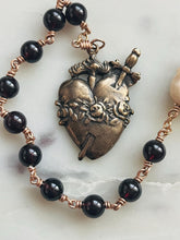 Load image into Gallery viewer, Memento Mori Garnet Rosary: Ox Bone Skull, Bronze Immaculate Heart
