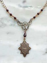 Load image into Gallery viewer, Sacred Heart Rosary Necklace: Garnet Gemstone, Bronze Chaplet
