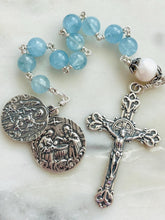 Load image into Gallery viewer, Aquamarine &amp; Pearl Gemstone Rosary: Sterling Silver Guardian Angel Baptism Gift
