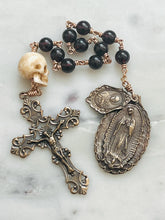 Load image into Gallery viewer, Our Lady of Guadalupe Rosary: Garnet, Ox Bone Skull, Bronze Medals Saint Gemma
