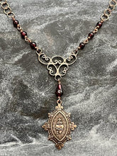 Load image into Gallery viewer, Sacred Heart Rosary Necklace: Garnet Gemstone, Bronze Chaplet
