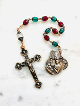 Load image into Gallery viewer, Christmas Pocket Rosary - Red and Green Crystal and Bronze Tenner
