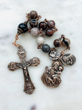 Load image into Gallery viewer, Petrified Wood Pocket Rosary - Bronze Holy Family Single Decade Tenner
