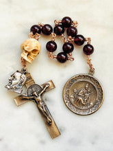 Load image into Gallery viewer, Memento Mori Rosary: Garnet, Ox Bone Skull, Bronze Scapular
