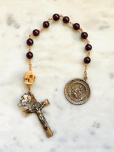 Load image into Gallery viewer, Memento Mori Rosary: Garnet, Ox Bone Skull, Bronze Scapular
