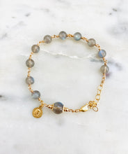 Load image into Gallery viewer, Labradorite Rosary Bracelet: 18k Gold Vermeil Our Lady of Sorrows Charm

