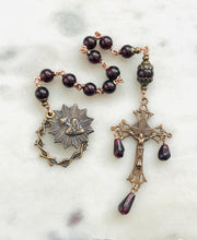 Load image into Gallery viewer, Sacred Heart Pocket Rosary - Garnet Gemstones and Bronze - Single Decade Rosary CeCeAgnes
