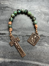 Load image into Gallery viewer, Saint Patrick Irish Tenner - Penal Crucifix - Bronze and leather - Pocket Rosary
