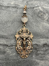 Load image into Gallery viewer, Bag Charm Angels Crucifix Zipper Pull - Bronze and Moonstone
