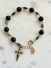 Load image into Gallery viewer, Onyx and Jade Rosary Bracelet - Solid Bronze - Saint James Cross
