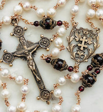 Load image into Gallery viewer, Freshwater Pearl and Garnet Rosary - Bronze - Wire-wrapped Rosary
