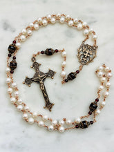 Load image into Gallery viewer, Freshwater Pearl and Garnet Rosary - Bronze - Wire-wrapped Rosary
