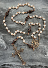 Load image into Gallery viewer, Freshwater Pearl and Garnet Rosary - Bronze - Wire-wrapped Rosary
