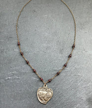 Load image into Gallery viewer, Two Hearts Necklace - Sacred and Immaculate Heart - Solid Bronze and Garnet
