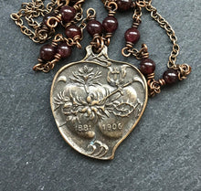 Load image into Gallery viewer, Two Hearts Necklace - Sacred and Immaculate Heart - Solid Bronze and Garnet

