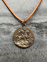 Load image into Gallery viewer, Saint George Solid Bronze and Leather Necklace
