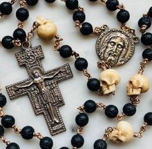 Load image into Gallery viewer, Memento Mori Rosary - Lava Beads, Ox Bone Skulls &amp; Bronze San Damiano Crucifix
