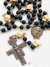 Load image into Gallery viewer, Memento Mori Rosary - Lava Beads, Ox Bone Skulls &amp; Bronze San Damiano Crucifix
