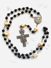 Load image into Gallery viewer, Memento Mori Rosary - Lava Beads, Ox Bone Skulls &amp; Bronze San Damiano Crucifix
