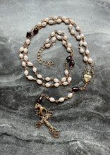 Load image into Gallery viewer, Wearable Rosary - Double Strand Necklace - Rice Pearls and Garnet Drops - Solid Bronze
