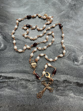 Load image into Gallery viewer, Wearable Rosary - Double Strand Necklace - Rice Pearls and Garnet Drops - Solid Bronze
