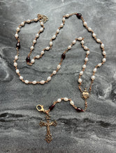 Load image into Gallery viewer, Wearable Rosary - Double Strand Necklace - Rice Pearls and Garnet Drops - Solid Bronze
