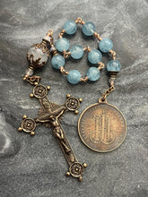 Load image into Gallery viewer, Holy name of Jesus Rosary: Aquamarine &amp; Bronze Single Decade Tenner
