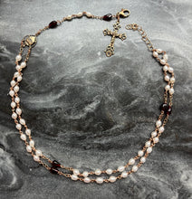 Load image into Gallery viewer, Wearable Rosary - Double Strand Necklace - Rice Pearls and Garnet Drops - Solid Bronze

