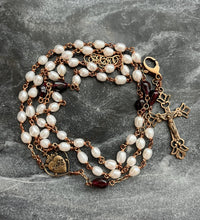 Load image into Gallery viewer, Wearable Rosary - Double Strand Necklace - Rice Pearls and Garnet Drops - Solid Bronze
