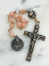 Load image into Gallery viewer, Tiny Tenner - Saint Therese Pocket Rosary - Bronze and Peach Moonstone
