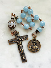 Load image into Gallery viewer, Spanish Style Rosary: Aquamarine &amp; Bronze Single Decade Tenner - Sacred Heart and Pieta
