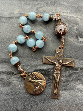 Load image into Gallery viewer, Spanish Style Rosary: Aquamarine &amp; Bronze Single Decade Tenner - Sacred Heart and Pieta
