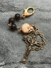 Load image into Gallery viewer, Bag Charm - Memento Mori Zipper Pull - Bronze and Lava Bead - Three Hail Nary Chaplet
