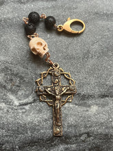 Load image into Gallery viewer, Bag Charm - Memento Mori Zipper Pull - Bronze and Lava Bead - Three Hail Nary Chaplet
