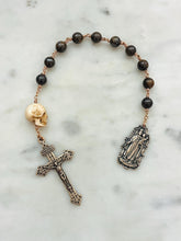 Load image into Gallery viewer, Memento Mori Rosary: Bronzite, Ox Bone Skull, Bronze Scapular
