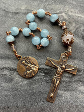 Load image into Gallery viewer, Spanish Style Rosary: Aquamarine &amp; Bronze Single Decade Tenner - Sacred Heart and Pieta
