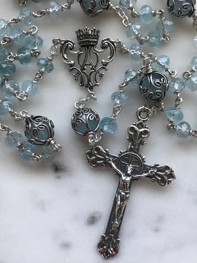 Blue Topaz Rosary - Argentium and Sterling Silver - Marion Auspice