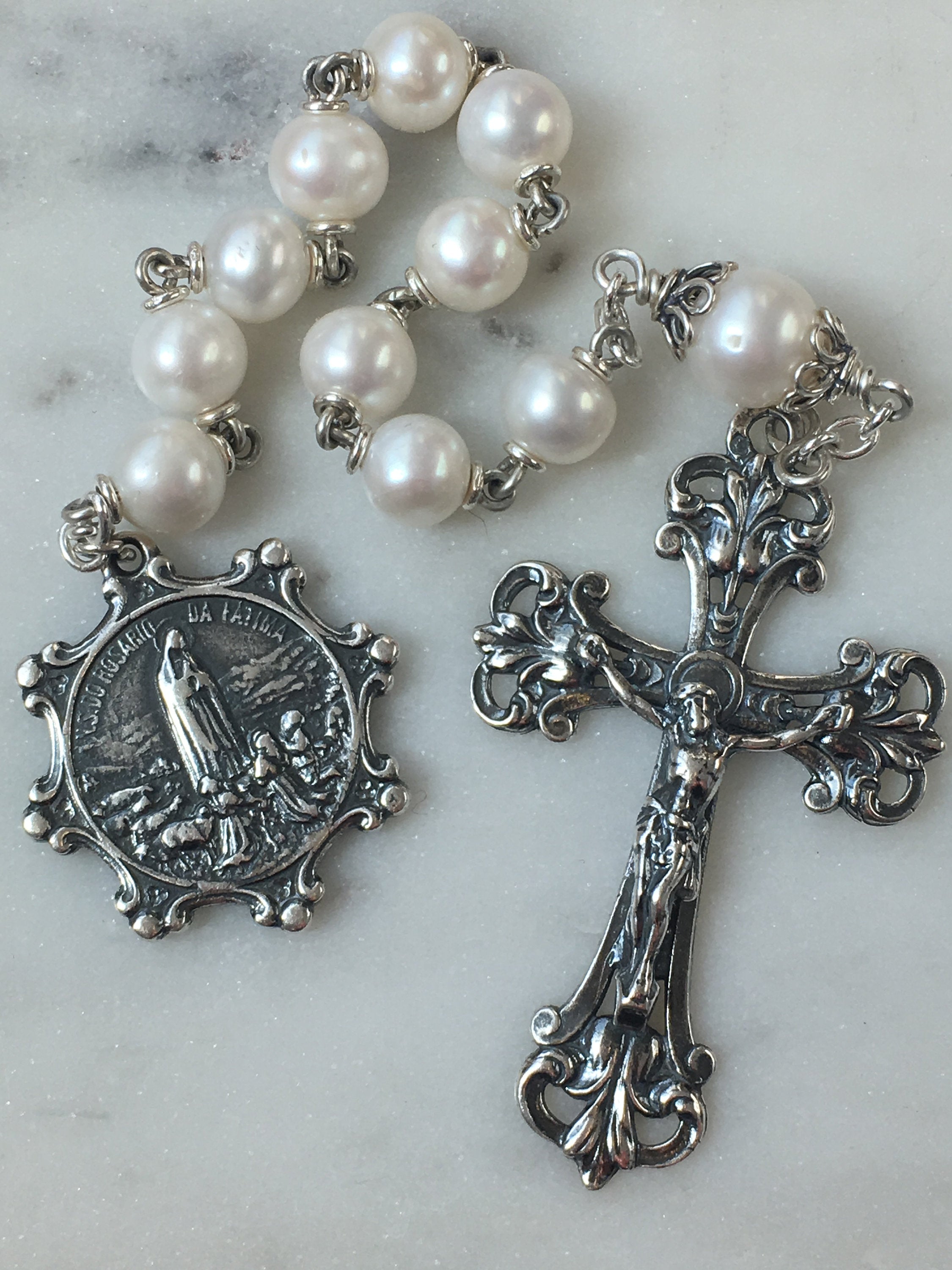 Sterling Pocket Rosary - Our Lady of Fatima Tenner - Freshwater Pearl -  Beautiful Crucifix - One Single Decade Rosary