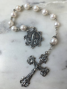 Sterling Pocket Rosary - Our Lady of Fatima Tenner - Freshwater Pearl - Beautiful Crucifix - One Single Decade Rosary