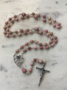 Rhodonite Gemstone Spanish Style Rosary - Sterling Silver Medals - Reproductions of Antique Spanish Medals CeCeAgnes
