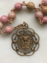 Load image into Gallery viewer, Pink Pocket Rosary - First Communion Tenner - Rhodonite Gemstones - Bronze - Single Decade Rosary CeCeAgnes
