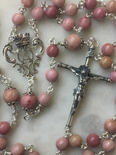 Load image into Gallery viewer, Rhodonite Gemstone Spanish Style Rosary - Sterling Silver Medals - Reproductions of Antique Spanish Medals CeCeAgnes
