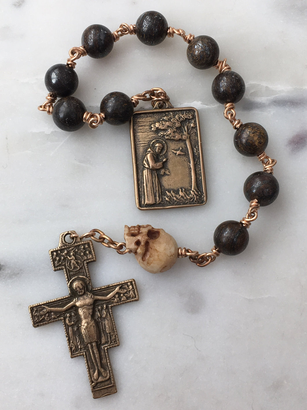 Memento Mori Rosary - Bronzite and Ox Bone - Bronze - Wire-wrapped Tenner - Saint Francis Pocket rosary CeCeAgnes