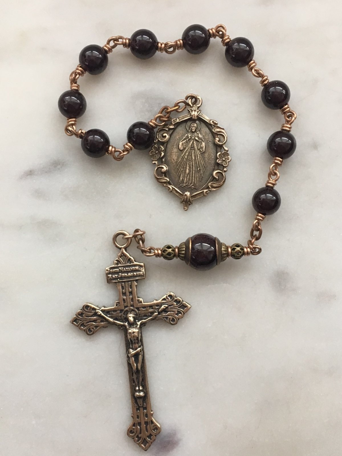 High Quality Garnet Rosary With Pardon Crucifix Wire-Wrapped in Bronze