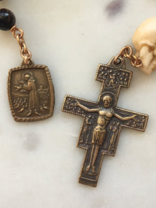 Memento Mori Rosary - Tiger Eye and Ox Bone Skull - Bronze - Wire-wrapped Tenner - St. Francis Pocket rosary CeCeAgnes