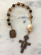 Load image into Gallery viewer, Memento Mori Rosary - Tiger Eye and Ox Bone Skull - Bronze - Wire-wrapped Tenner - St. Francis Pocket rosary CeCeAgnes
