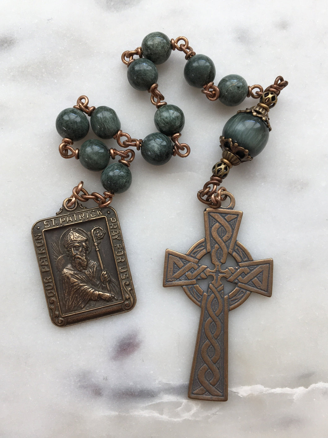 Saint Patrick Green Chrysoberyl One Decade Irish Pocket Rosary - Celtic Cross CeCeAgnes